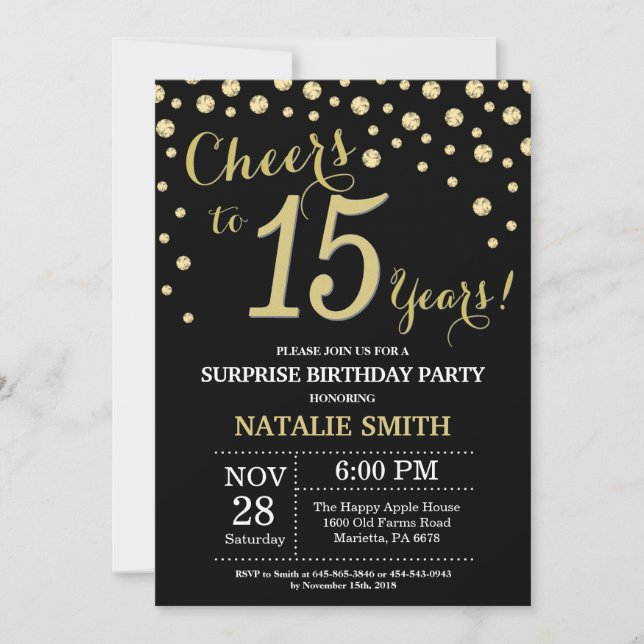Invitación Sorpresa 15 cumpleaños Diamante negro y oro (Anverso)