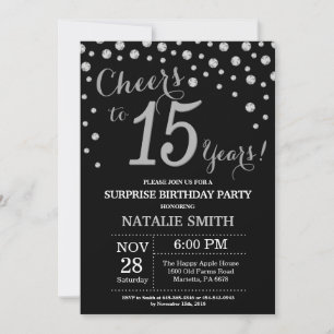 Invitación Sorpresa 15 cumpleaños Diamante negro y plata