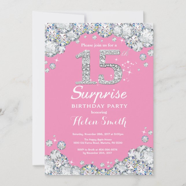Invitación Sorpresa 15 cumpleaños Diamante rosa y Plata (Anverso)