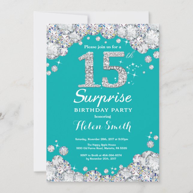 Invitación Sorpresa 15 cumpleaños Diamante Verde azulado y pl (Anverso)
