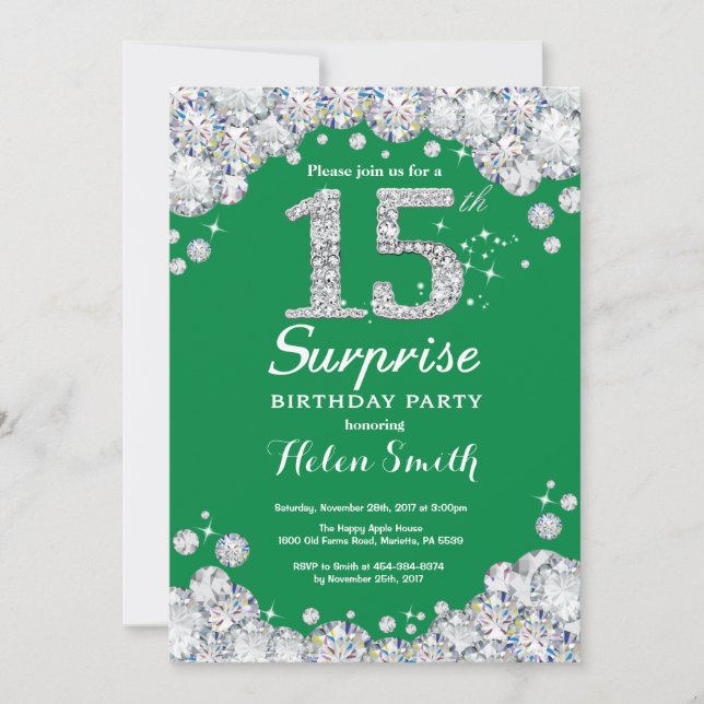 Invitación Sorpresa 15 cumpleaños Diamante verde y plata (Anverso)