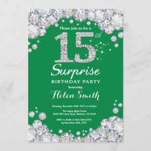Invitación Sorpresa 15 cumpleaños Diamante verde y plata