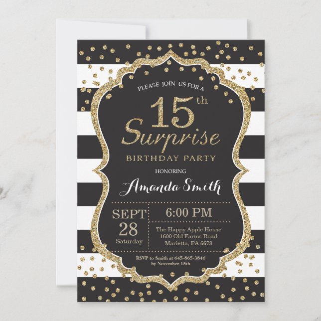 Invitación Sorpresa 15 cumpleaños invitación.Brillantina dora (Anverso)