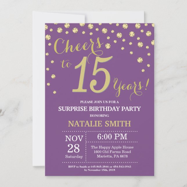 Invitación Sorpresa 15 cumpleaños morado y oro diamante (Anverso)