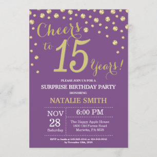 Invitación Sorpresa 15 cumpleaños morado y oro diamante