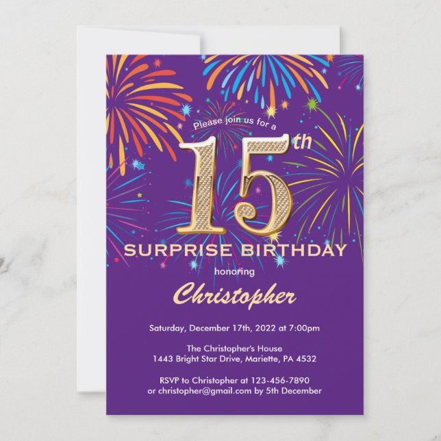 Invitación Sorpresa 15 cumpleaños Purple y Gold Firework (Anverso)