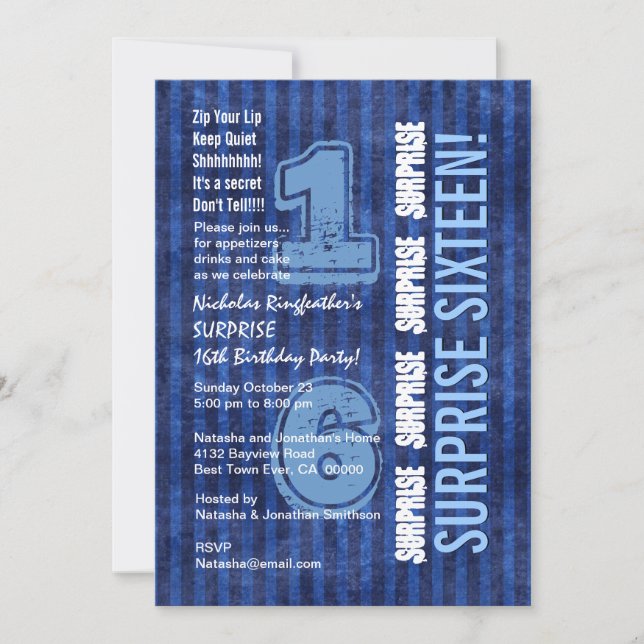 Invitación SORPRESA 16ª franjas azules de cumpleaños modernas (Anverso)