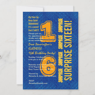 Invitación SORPRESA 16º cumpleaños azul moderno y oro W526B