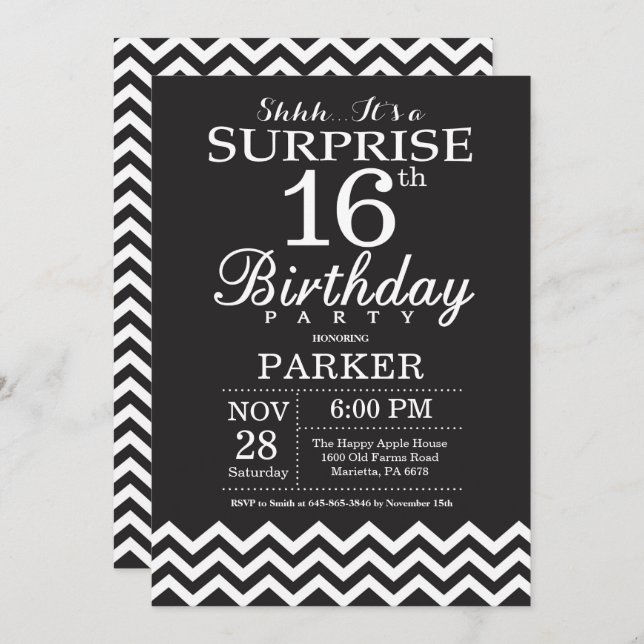 Invitación Sorpresa 16º cumpleaños Chevron blanco y negro (Anverso / Reverso)