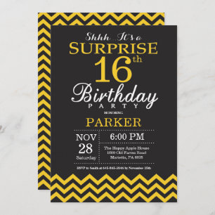 Invitación Sorpresa 16º cumpleaños Chevron negro y amarillo