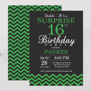 Invitación Sorpresa 16º cumpleaños Chevron negro y verde