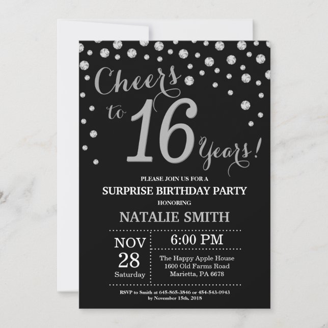 Invitación Sorpresa 16º cumpleaños Diamante negro y plateado (Anverso)