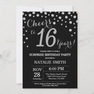 Invitación Sorpresa 16º cumpleaños Diamante negro y plateado