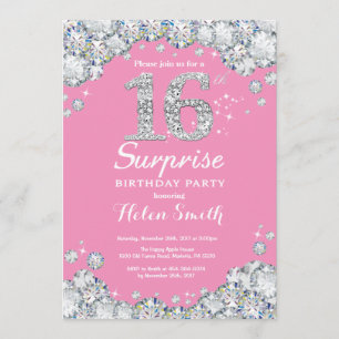 Invitación Sorpresa 16º cumpleaños Diamante rosado y plateado