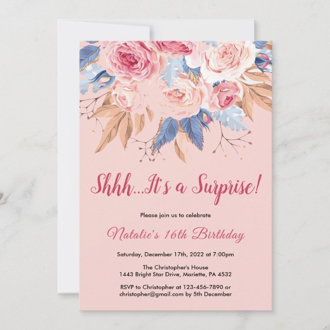 Invitación Sorpresa 16º cumpleaños Floral Botánica Rosa (Anverso)