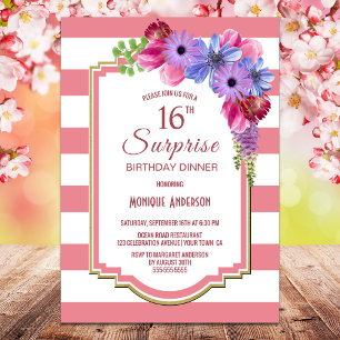 Invitación Sorpresa 16º cumpleaños Floral de lavanda a rayas
