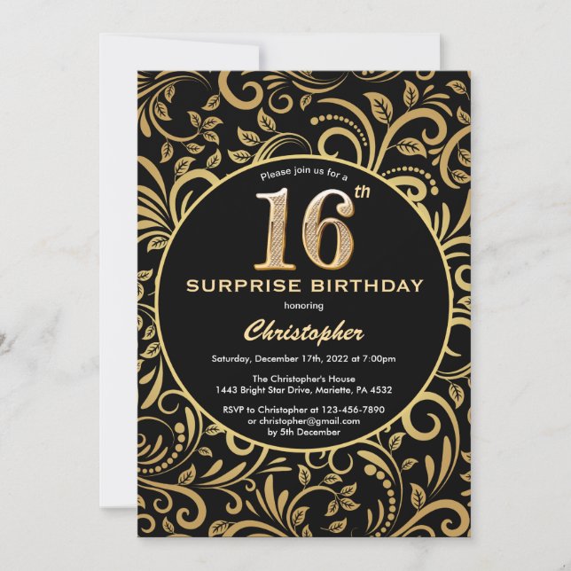 Invitación Sorpresa 16º cumpleaños Floral de oro y negro (Anverso)