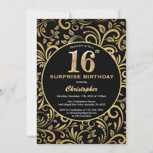 Invitación Sorpresa 16º cumpleaños Floral de oro y negro