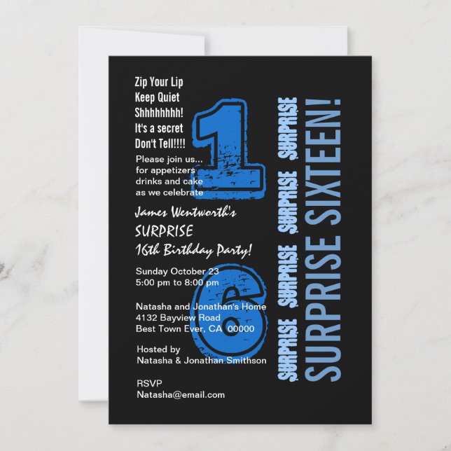 Invitación SORPRESA 16º cumpleaños moderno azul y negro W523 (Anverso)
