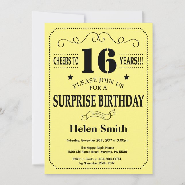 Invitación Sorpresa 16º cumpleaños negro y amarillo (Anverso)