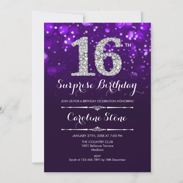 Invitación Sorpresa 16º cumpleaños - Plata morada (Anverso)