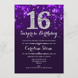 Invitación Sorpresa 16º cumpleaños - Plata morada