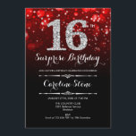 Invitación Sorpresa 16º cumpleaños - Plata roja negra<br><div class="desc">Sorpresa Invitación a los 16 Años. Elegante diseño rojo negro con una falsa plata purpurina. Cumpleaños de adultos. Incluye diamantes,  luces de bokeh y fuente de guiones. Invitación de cumpleaños de hombres o mujeres. Perfecto para una elegante fiesta de cumpleaños. Mándame un mensaje si necesitas más personalización.</div>