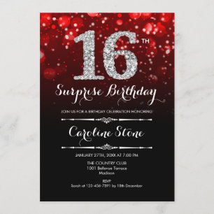 Invitación Sorpresa 16º cumpleaños - Plata roja negra