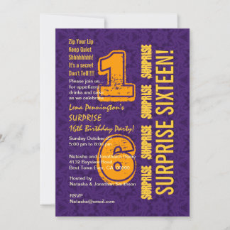 Invitación SORPRESA 16º cumpleaños PURPLE GOLD W526E moderno