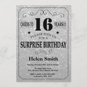 Invitación Sorpresa 16º cumpleaños Purpurina negro y plateado