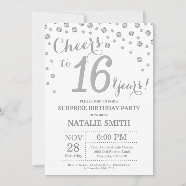 Invitación Sorpresa 16º cumpleaños Purpurina Plata Diamante (Anverso)