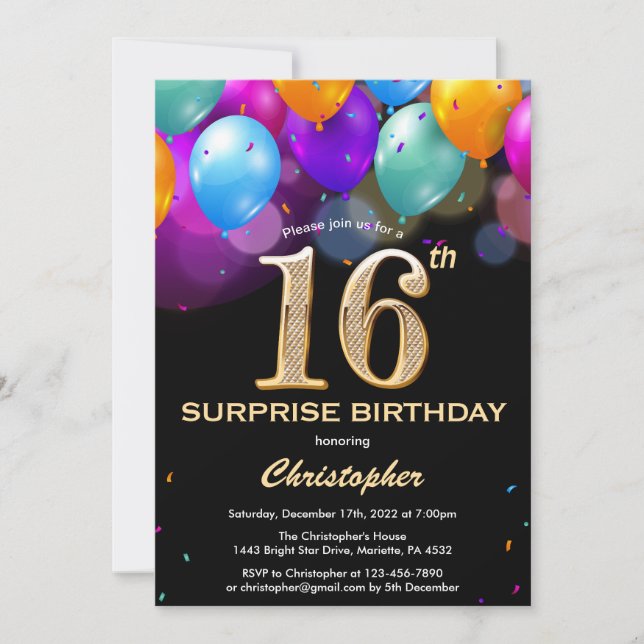 Invitación Sorpresa 16.º cumpleaños Globos de oro y negro (Anverso)