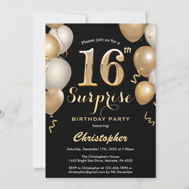 Invitación Sorpresa 16.º cumpleaños Globos de oro y negro (Anverso)