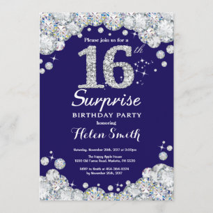 Invitación Sorpresa 16.º Diamante Plateado Azul de la Marina 