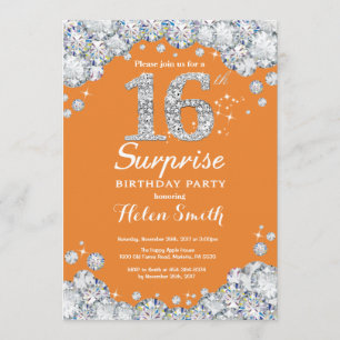 Invitación Sorpresa 16.º Naranja de cumpleaños y diamante pla