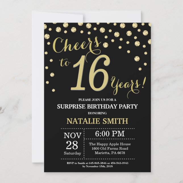 Invitación Sorpresa 16° cumpleaños Diamante negro y oro (Anverso)