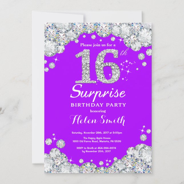Invitación Sorpresa 16 cumpleaños, morado y diamante plateado (Anverso)