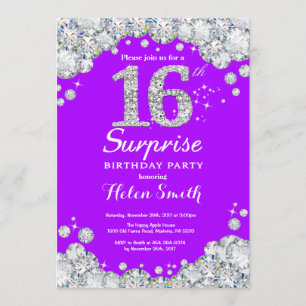 Invitación Sorpresa 16 cumpleaños, morado y diamante plateado