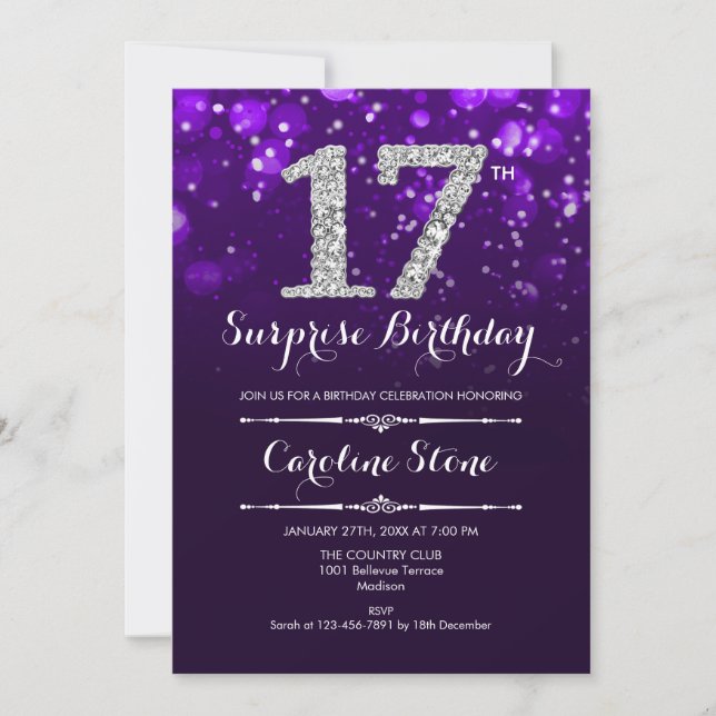 Invitación Sorpresa 17 cumpleaños - Plata morada (Anverso)
