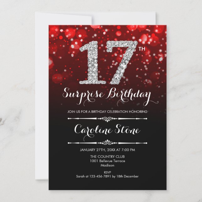 Invitación Sorpresa 17 cumpleaños - Plata roja negra (Anverso)