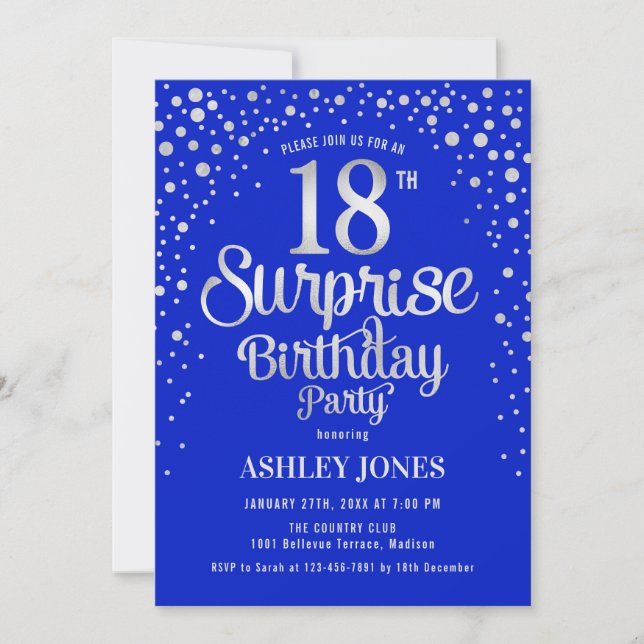 Invitación Sorpresa 18ª fiesta de cumpleaños - Plata y Azul R (Anverso)
