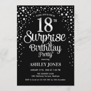 Invitación Sorpresa 18ª fiesta de cumpleaños - Plata y Negro