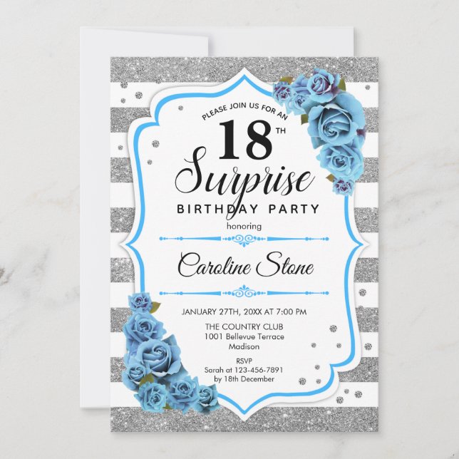 Invitación Sorpresa 18º cumpleaños - Azul blanco plateado (Anverso)
