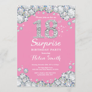Invitación Sorpresa 18º cumpleaños Diamante rosa y Plata