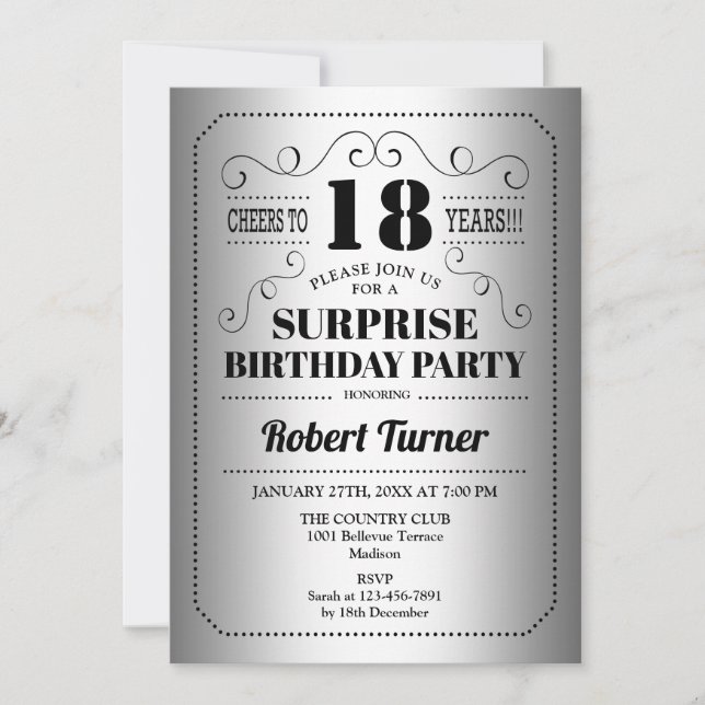 Invitación Sorpresa 18º cumpleaños - negro plateado (Anverso)