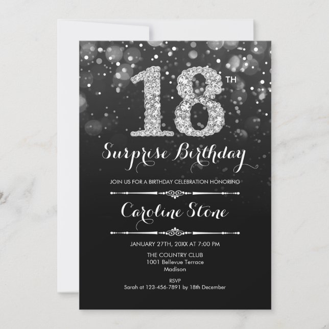 Invitación Sorpresa 18º cumpleaños - Plata negra (Anverso)
