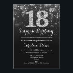 Invitación Sorpresa 18º cumpleaños - Plata negra<br><div class="desc">Sorpresa Invitación a los 18 Años. Elegante diseño blanco negro con una falsa plata purpurina. Cumpleaños de adultos. Presenta diamantes y tipos de letra de guión. invitaciones de cumpleaños de hombres o mujeres. Perfecto para una elegante fiesta de cumpleaños. Mándame un mensaje si necesitas más personalización.</div>