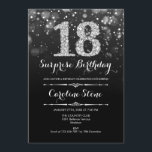 Invitación Sorpresa 18º cumpleaños - Plata negra<br><div class="desc">Sorpresa Invitación a los 18 Años. Elegante diseño blanco negro con una falsa plata purpurina. Cumpleaños de adultos. Presenta diamantes y tipos de letra de guión. invitaciones de cumpleaños de hombres o mujeres. Perfecto para una elegante fiesta de cumpleaños. Mándame un mensaje si necesitas más personalización.</div>