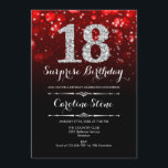 Invitación Sorpresa 18º cumpleaños - Plata roja negra<br><div class="desc">Sorpresa Invitación a los 18 Años. Elegante diseño rojo negro con una falsa plata purpurina. Cumpleaños de adultos. Incluye diamantes,  luces de bokeh y fuente de guiones. Invitación de cumpleaños de hombres o mujeres. Perfecto para una elegante fiesta de cumpleaños. Mándame un mensaje si necesitas más personalización.</div>