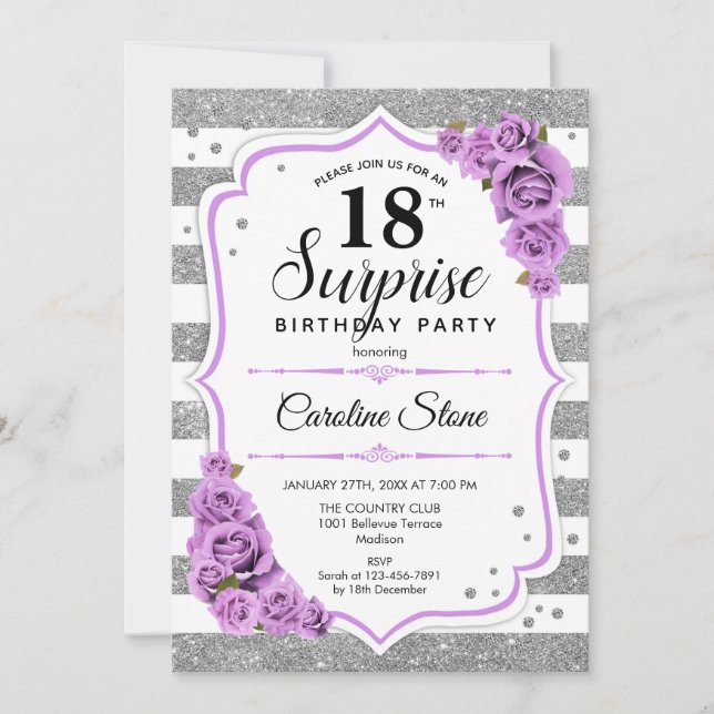 Invitación Sorpresa 18º cumpleaños - Púrpura blanco plateado (Anverso)